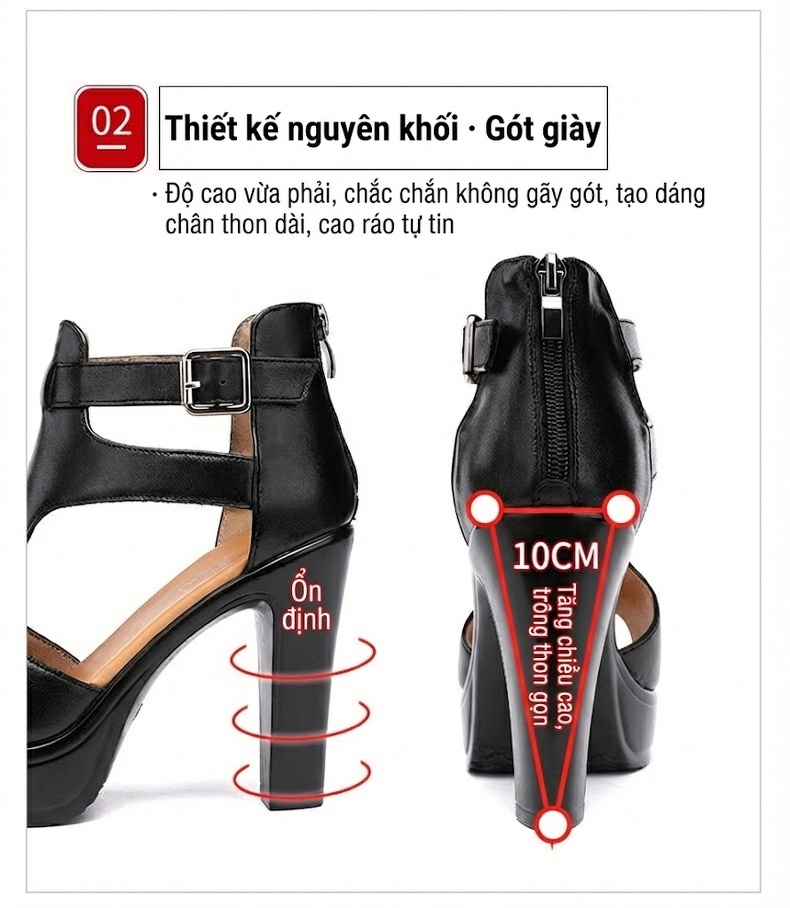 Giày Sandal Cao Gót Nữ Hở Ngón Quai Cài Da Bóng Gót Cao 10cm Màu Đen, Trắng, Đỏ chi tiết 7
