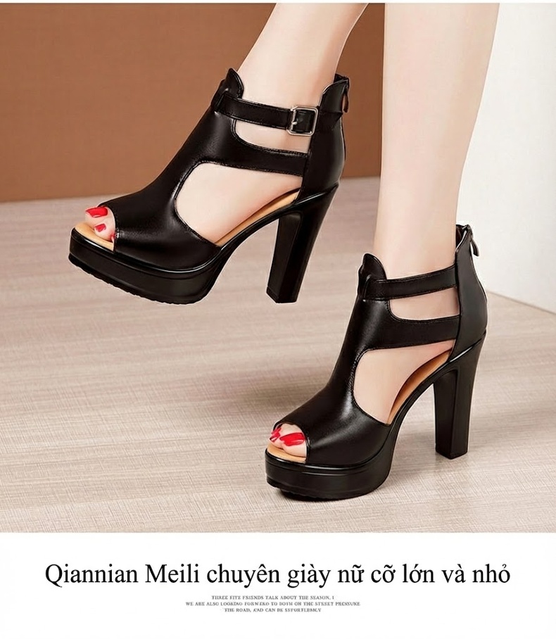 Giày Sandal Cao Gót Nữ Hở Ngón Quai Cài Da Bóng Gót Cao 10cm Màu Đen, Trắng, Đỏ chi tiết 11