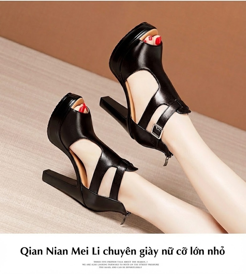 Giày Sandal Cao Gót Nữ Hở Ngón Quai Cài Da Bóng Gót Cao 10cm Màu Đen, Trắng, Đỏ chi tiết 12