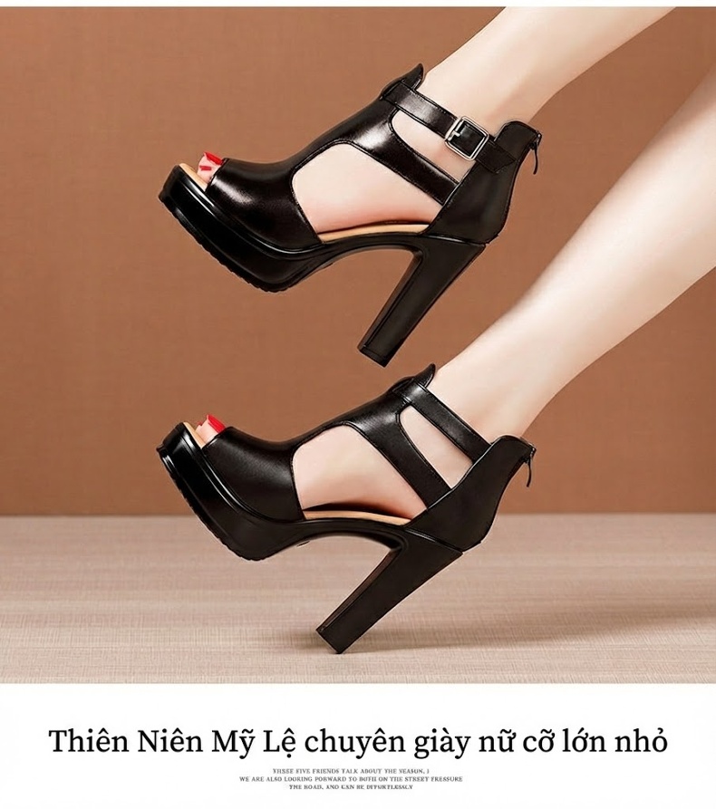 Giày Sandal Cao Gót Nữ Hở Ngón Quai Cài Da Bóng Gót Cao 10cm Màu Đen, Trắng, Đỏ chi tiết 13