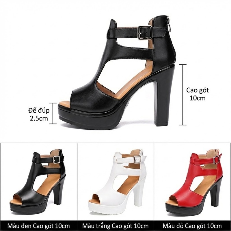 Giày Sandal Cao Gót Nữ Hở Ngón Quai Cài Da Bóng Gót Cao 10cm Màu Đen, Trắng, Đỏ