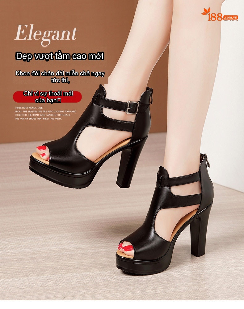 Giày Sandal Cao Gót Nữ Hở Ngón Quai Cài Da Bóng Gót Cao 10cm Màu Đen, Trắng, Đỏ chi tiết 5