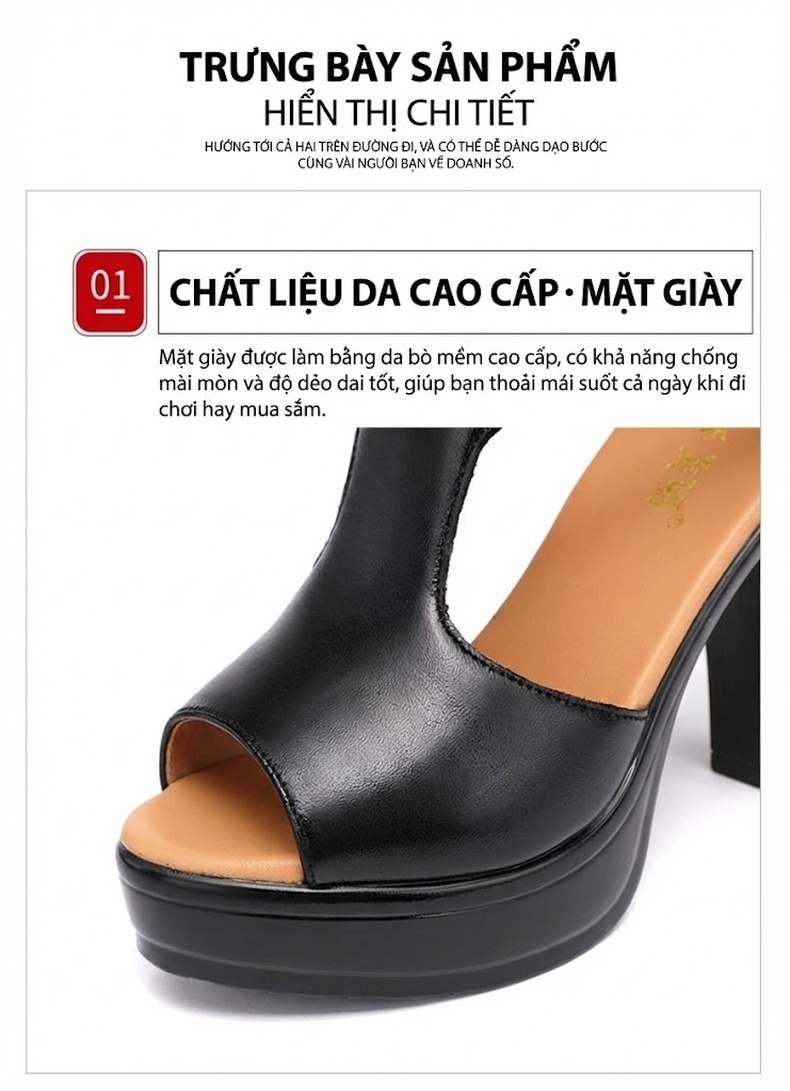 Giày Sandal Cao Gót Nữ Hở Ngón Quai Cài Da Bóng Gót Cao 10cm Màu Đen, Trắng, Đỏ chi tiết 6