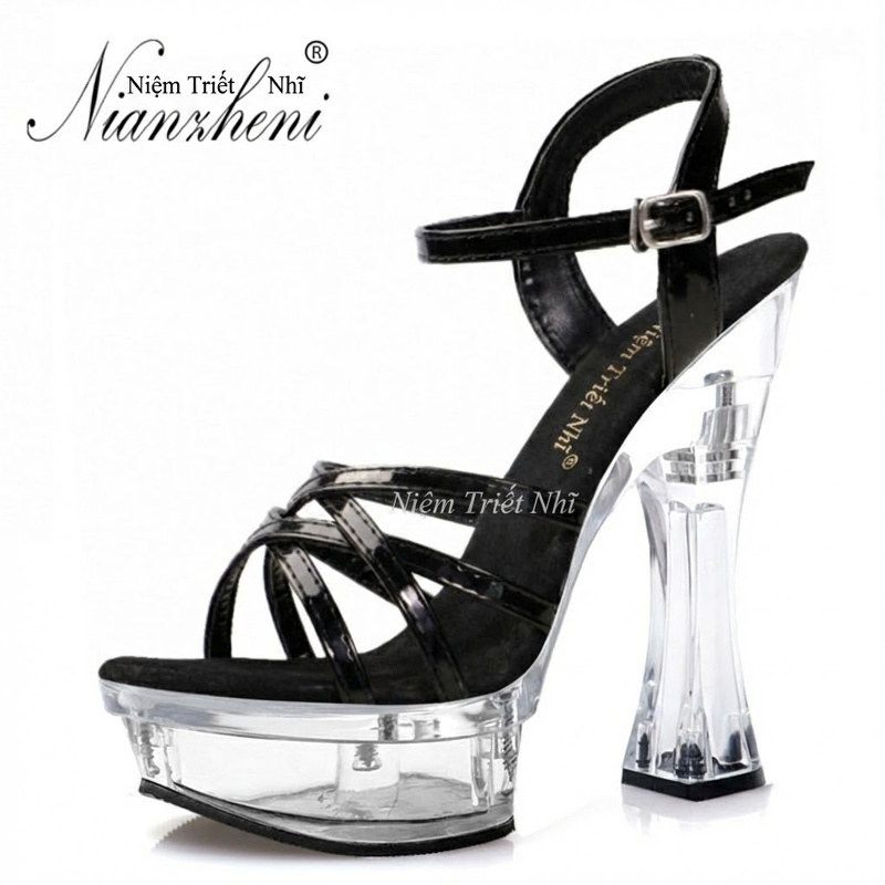 Giày Sandal Cao Gót Nữ Quai Trong Suốt Gót Trụ 14cm Màu Bạc, Vàng