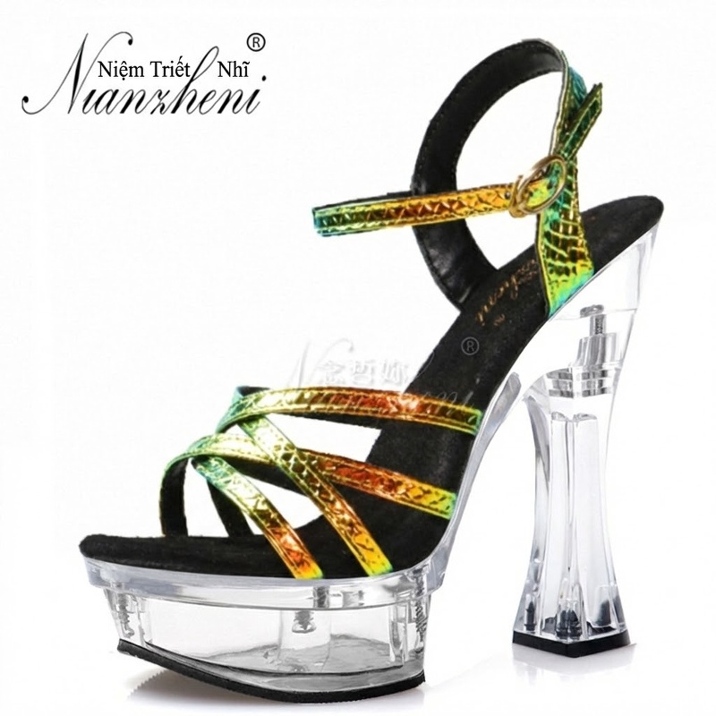 Giày Sandal Cao Gót Nữ Quai Trong Suốt Gót Trụ 14cm Màu Bạc, Vàng chi tiết 7