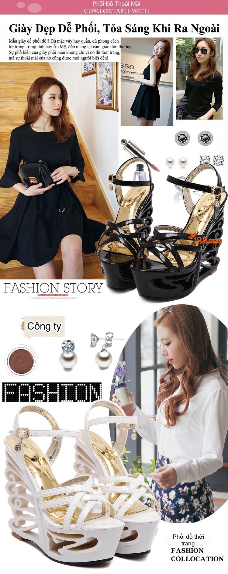 Giày Sandal Cao Gót Nữ Quai Chéo Đế Xuồng Dáng Lượn Sóng Hở Ngón Gót Cao 10cm - 12cm Màu Đen, Trắng chi tiết 2