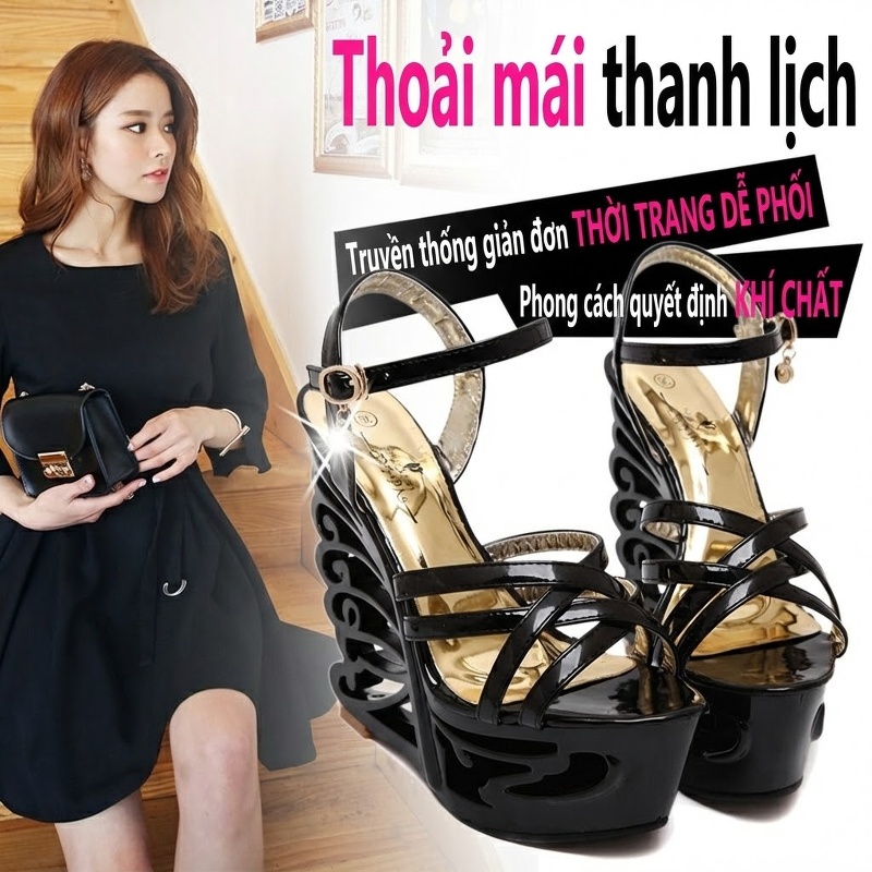 Giày Sandal Cao Gót Nữ Quai Chéo Đế Xuồng Dáng Lượn Sóng Hở Ngón Gót Cao 10cm - 12cm Màu Đen, Trắng