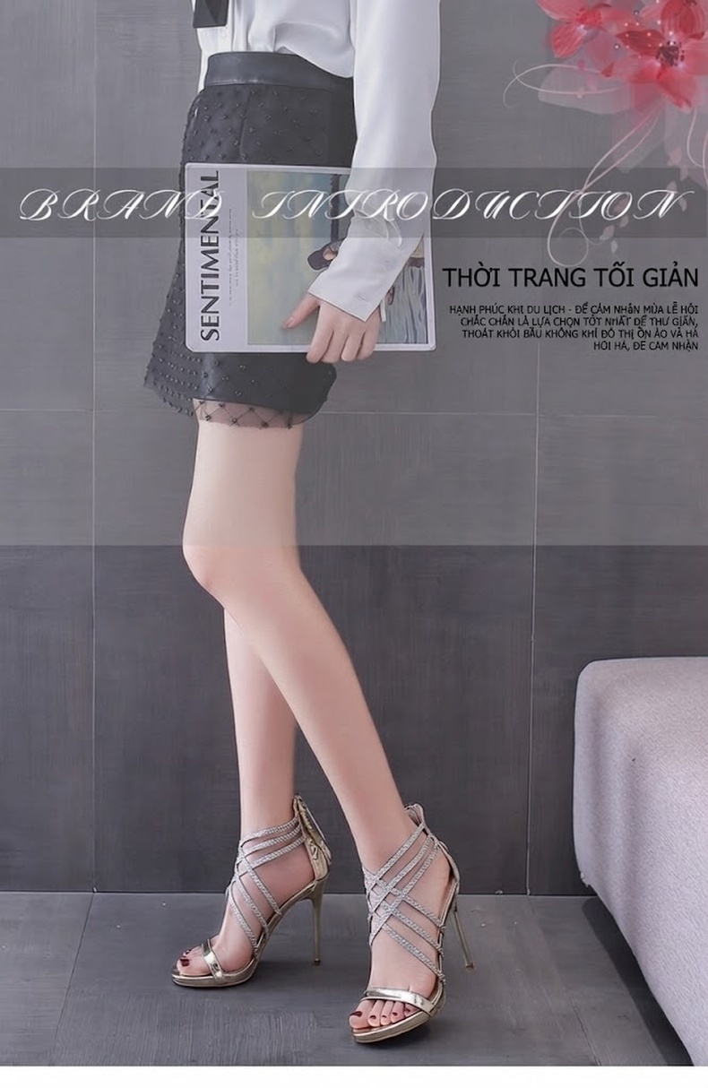 Giày Sandal Cao Gót Nữ Hở Ngón Quai Dây Đính Đá Gót Cao 8cm Màu Bạc chi tiết 1