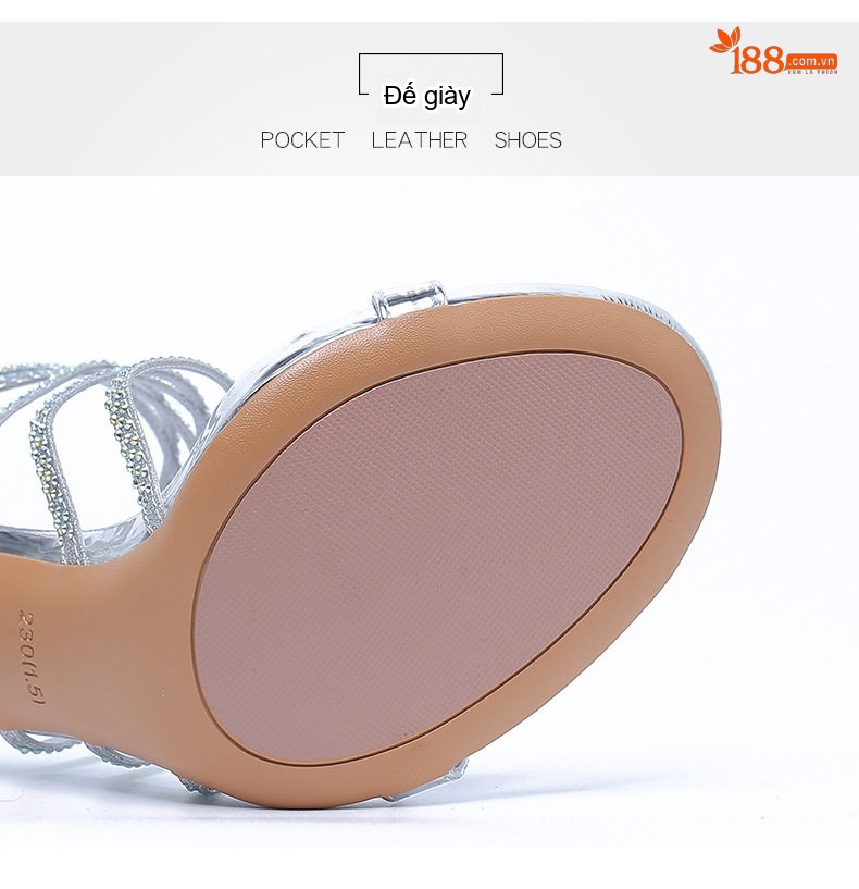Giày Sandal Cao Gót Nữ Hở Ngón Quai Dây Đính Đá Gót Cao 8cm Màu Bạc chi tiết 6
