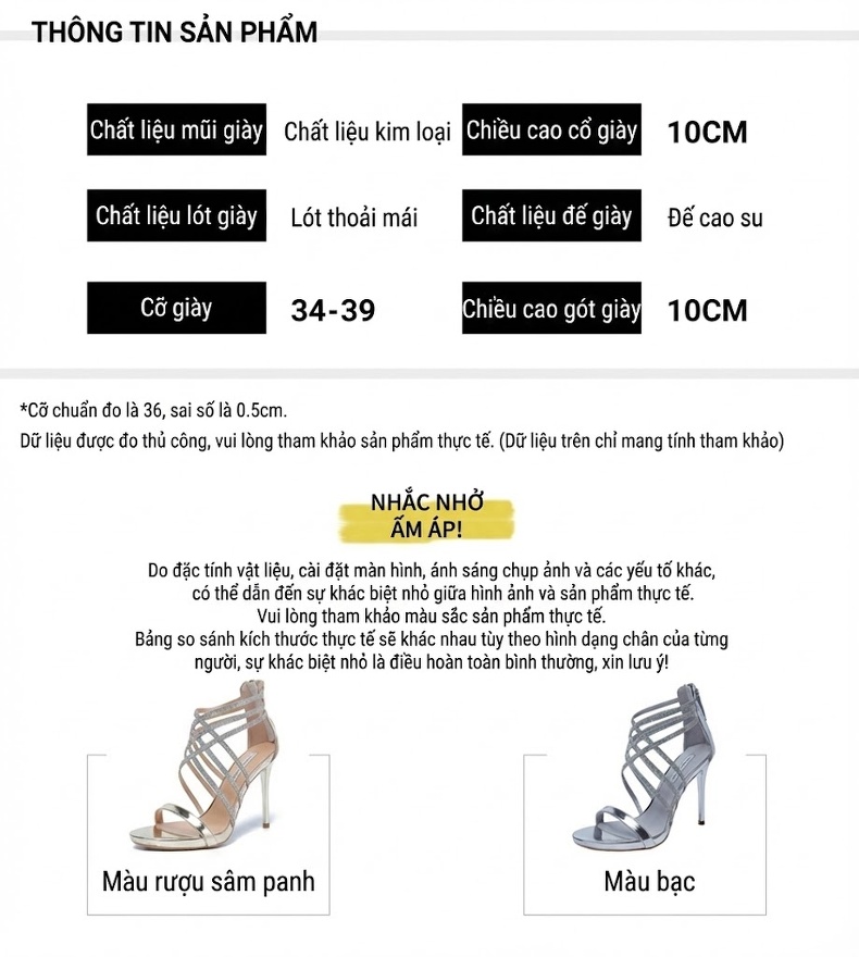 Giày Sandal Cao Gót Nữ Hở Ngón Quai Dây Đính Đá Gót Cao 8cm Màu Bạc chi tiết 10