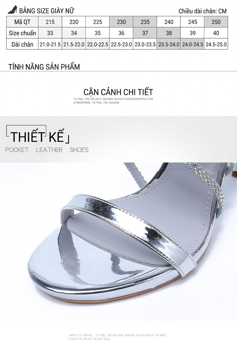 Giày Sandal Cao Gót Nữ Hở Ngón Quai Dây Đính Đá Gót Cao 8cm Màu Bạc chi tiết 3