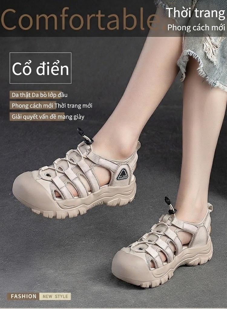 Dép Sandal Nữ Bít Mũi Dây Rút Đế Cao 4cm - 5cm Màu Kem, Hồng, Xanh chi tiết 2