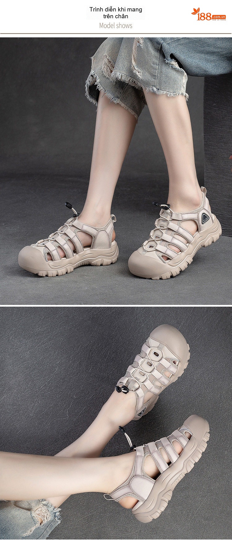 Dép Sandal Nữ Bít Mũi Dây Rút Đế Cao 4cm - 5cm Màu Kem, Hồng, Xanh chi tiết 8