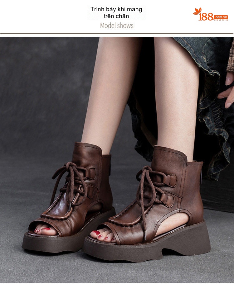 Dép Sandal Nữ Retro Hở Ngón Cổ Cao Dây Buộc Đế Cao 4cm - 5cm Màu Nâu, Đen chi tiết 8