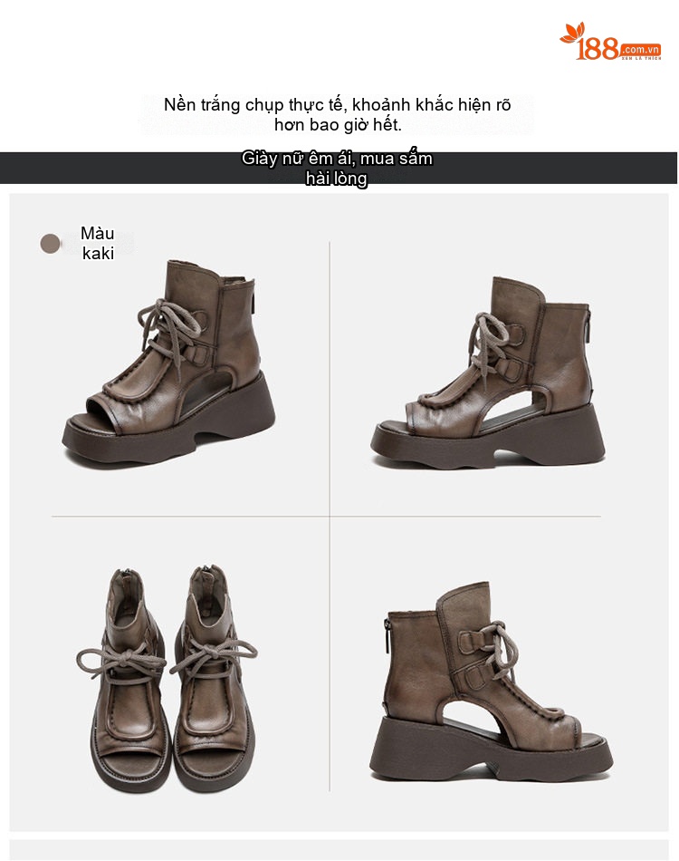 Dép Sandal Nữ Retro Hở Ngón Cổ Cao Dây Buộc Đế Cao 4cm - 5cm Màu Nâu, Đen chi tiết 17