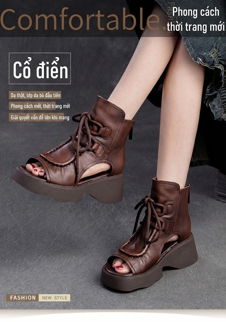 Dép Sandal Nữ Retro Hở Ngón Cổ Cao Dây Buộc Đế Cao 4cm - 5cm Màu Nâu, Đen chi tiết 2