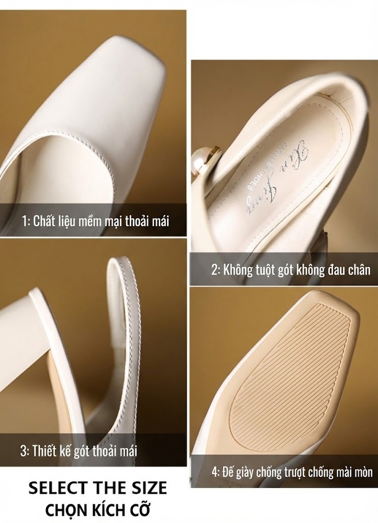 Giày Sandal Cao Gót Nữ Mũi Vuông Quai Hậu Gót Vuông Da Bóng Gót Cao 5cm - 6cm Màu Kem, Trắng, Đen Caro chi tiết 3