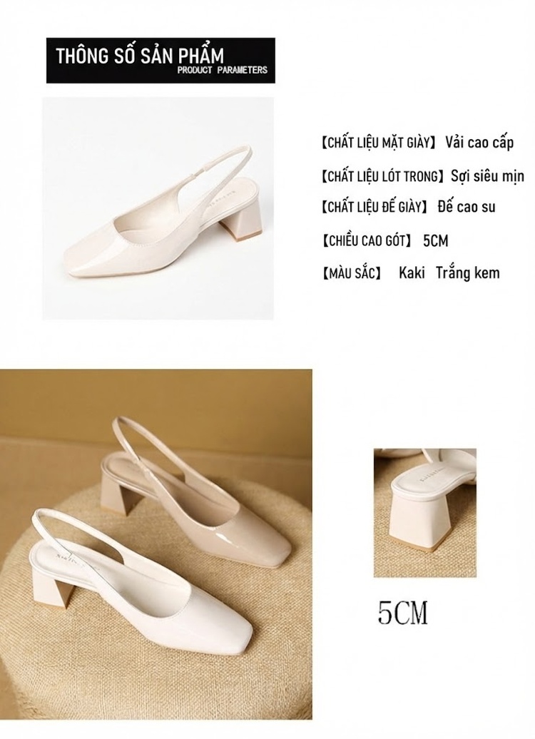 Giày Sandal Cao Gót Nữ Mũi Vuông Quai Hậu Gót Vuông Da Bóng Gót Cao 5cm - 6cm Màu Kem, Trắng, Đen Caro chi tiết 2