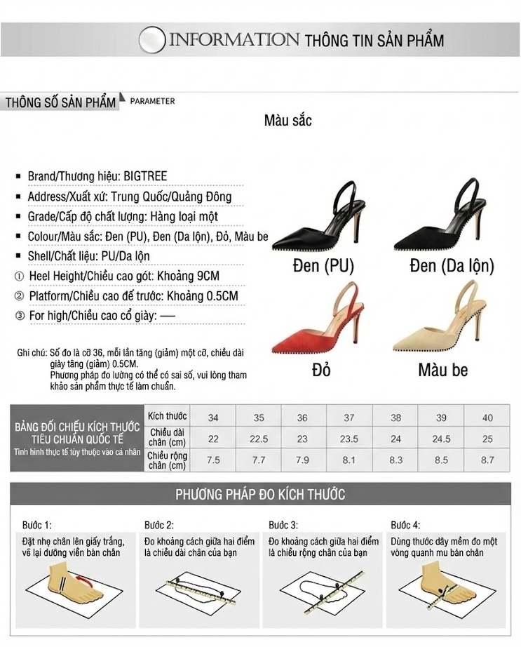 Giày Sandal Cao Gót Nữ Mũi Nhọn Nỉ Quai Hậu Lệch Đính Đinh Gót Cao 8cm Màu Đen, Kem, Đỏ chi tiết 1