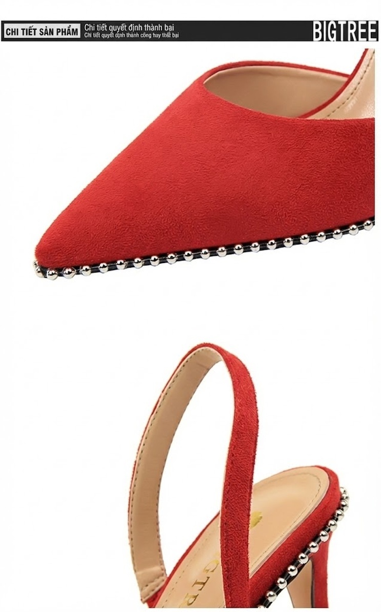 Giày Sandal Cao Gót Nữ Mũi Nhọn Nỉ Quai Hậu Lệch Đính Đinh Gót Cao 8cm Màu Đen, Kem, Đỏ chi tiết 21