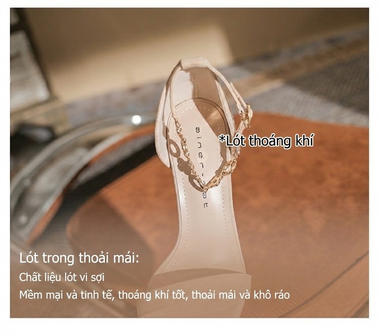 Giày Sandal Cao Gót Nữ Hở Ngón Quai Ngang Nỉ Gót Cao 8cm Màu Nude, Đen chi tiết 9