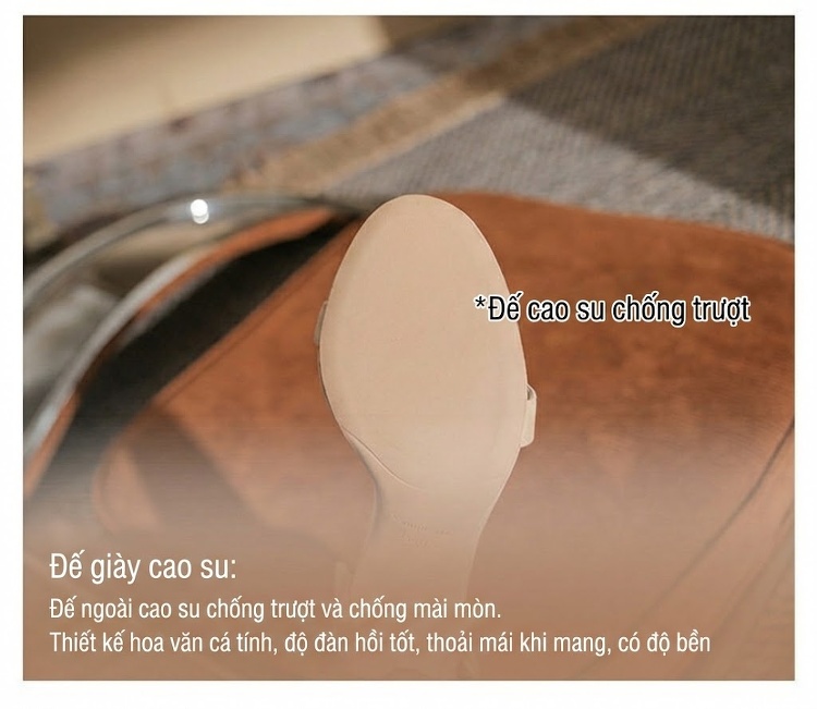 Giày Sandal Cao Gót Nữ Hở Ngón Quai Ngang Nỉ Gót Cao 8cm Màu Nude, Đen chi tiết 11