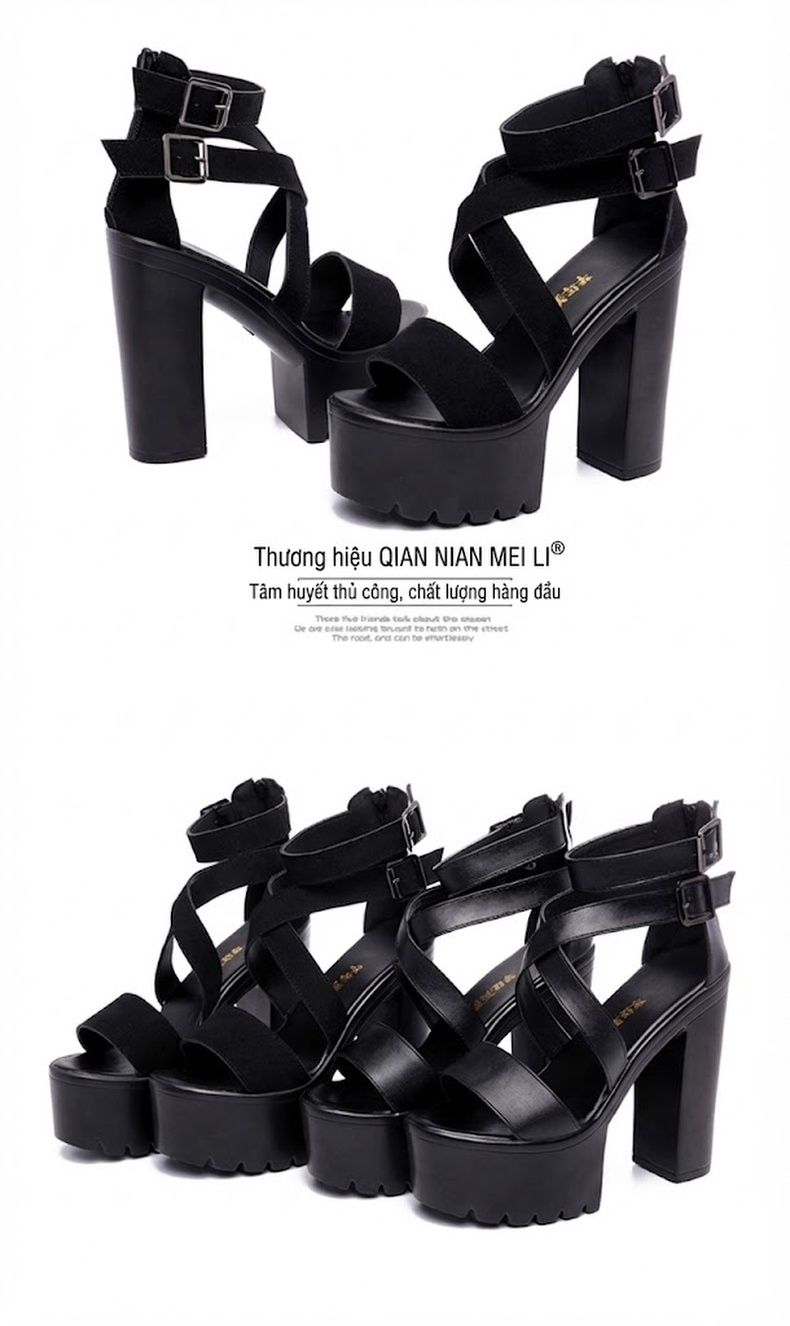 Giày Sandal Cao Gót Nữ Quai Chéo Đế Xuồng Gót Cao 10cm - 12cm Màu Đen chi tiết 14