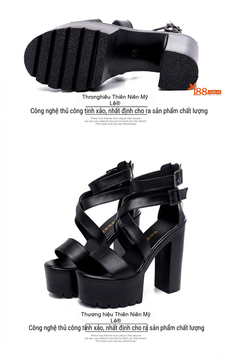 Giày Sandal Cao Gót Nữ Quai Chéo Đế Xuồng Gót Cao 10cm - 12cm Màu Đen chi tiết 13