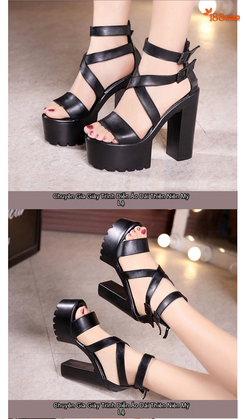 Giày Sandal Cao Gót Nữ Quai Chéo Đế Xuồng Gót Cao 10cm - 12cm Màu Đen chi tiết 8