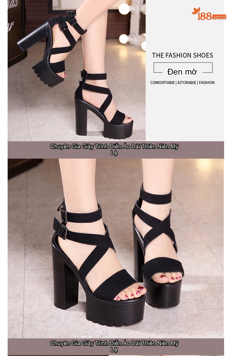 Giày Sandal Cao Gót Nữ Quai Chéo Đế Xuồng Gót Cao 10cm - 12cm Màu Đen chi tiết 9