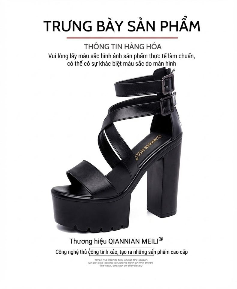 Giày Sandal Cao Gót Nữ Quai Chéo Đế Xuồng Gót Cao 10cm - 12cm Màu Đen chi tiết 11
