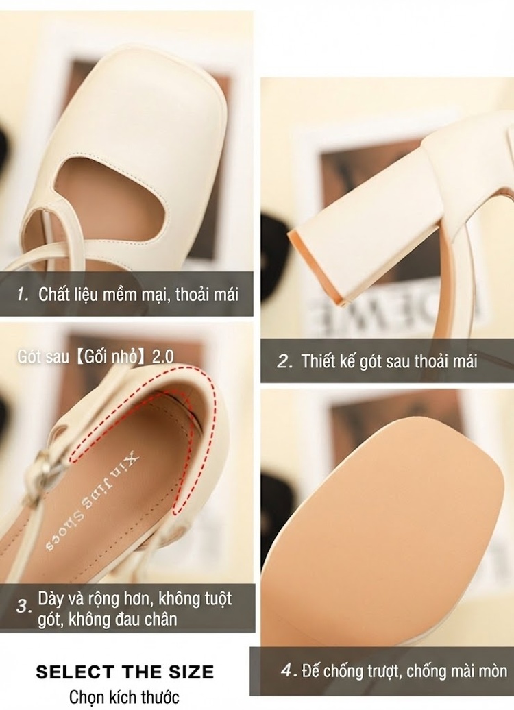 Giày Sandal Cao Gót Nữ Quai Chéo Da Bóng Gót Cao 8cm Màu Đen, Kem chi tiết 3
