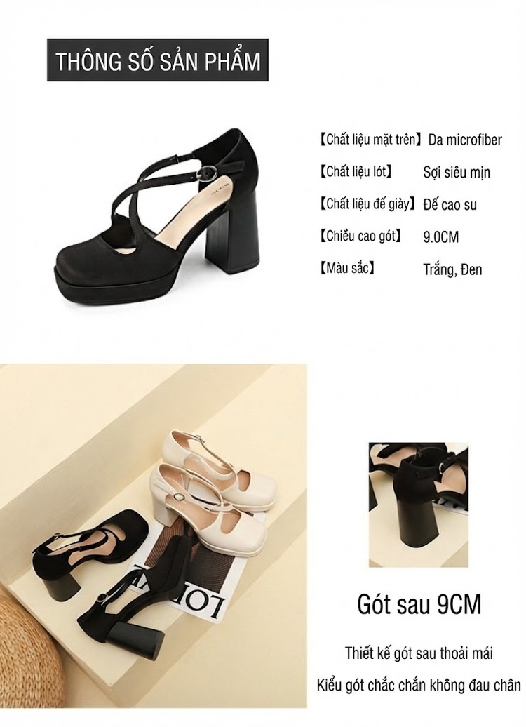 Giày Sandal Cao Gót Nữ Quai Chéo Da Bóng Gót Cao 8cm Màu Đen, Kem chi tiết 2