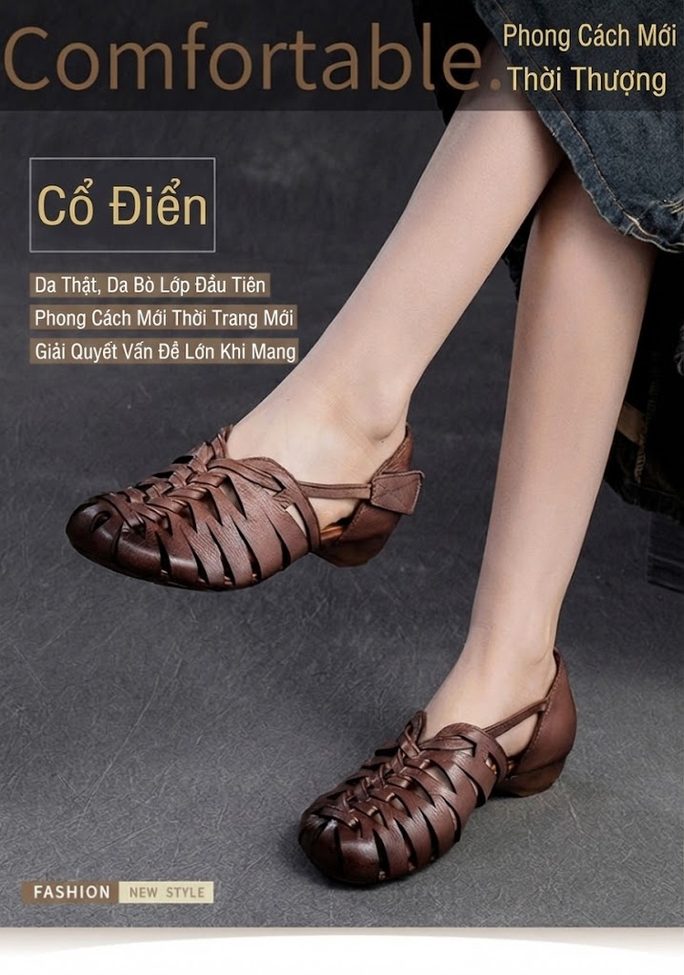 Dép Sandal Nữ Quai Dệt Hở Ngón Da Mềm Đế Cao 3cm - 4cm Màu Xám, Nâu chi tiết 1