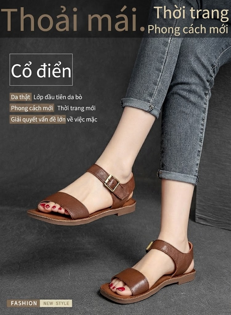Dép Sandal Nữ Quai Ngang Khóa Cài Phong Cách La Mã Đế Cao 3cm - 4cm Màu Nâu, Xanh, Kem chi tiết 1