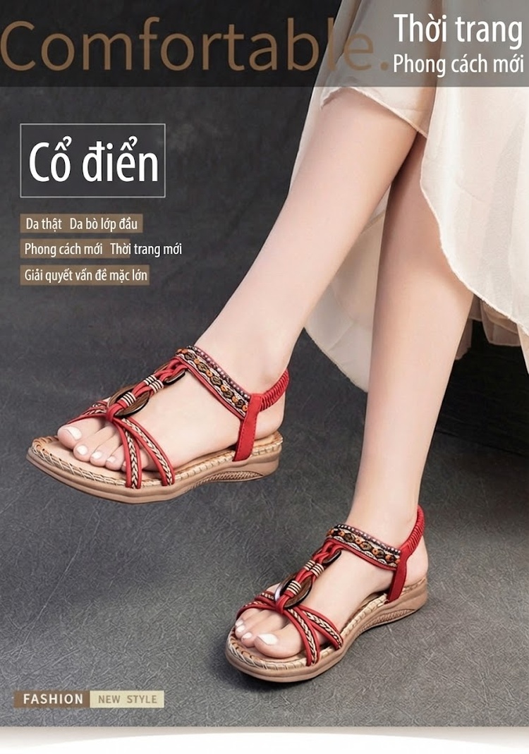 Dép Sandal Nữ Quai Dệt Phong Cách Bohemian Đế Cao 3cm - 4cm Màu Đen, Kem, Đỏ... chi tiết 1