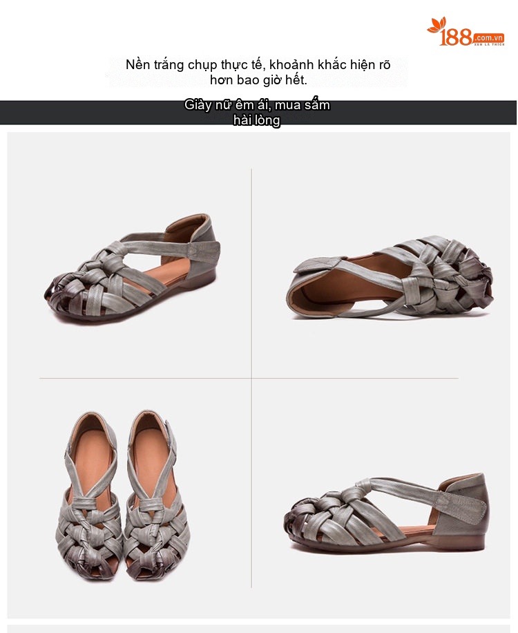 Dép Sandal Nữ Bít Mũi Quai Dệt Đế Vuông Khóa Dán Đế Cao 3cm - 4cm Màu Nâu, Xám chi tiết 17