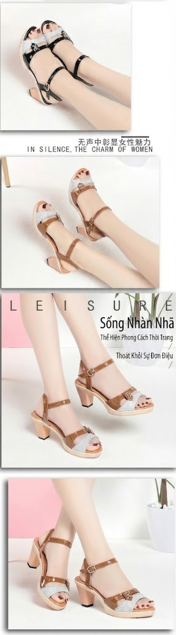 Giày Sandal Cao Gót Nữ Quai Hậu Da Bóng Gót Cao 8cm Màu Xanh Dương, Đen, Nâu, Cam chi tiết 4