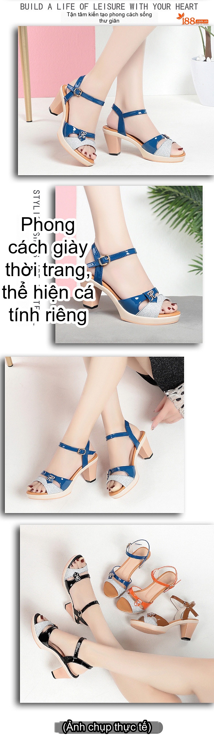 Giày Sandal Cao Gót Nữ Quai Hậu Da Bóng Gót Cao 8cm Màu Xanh Dương, Đen, Nâu, Cam chi tiết 5
