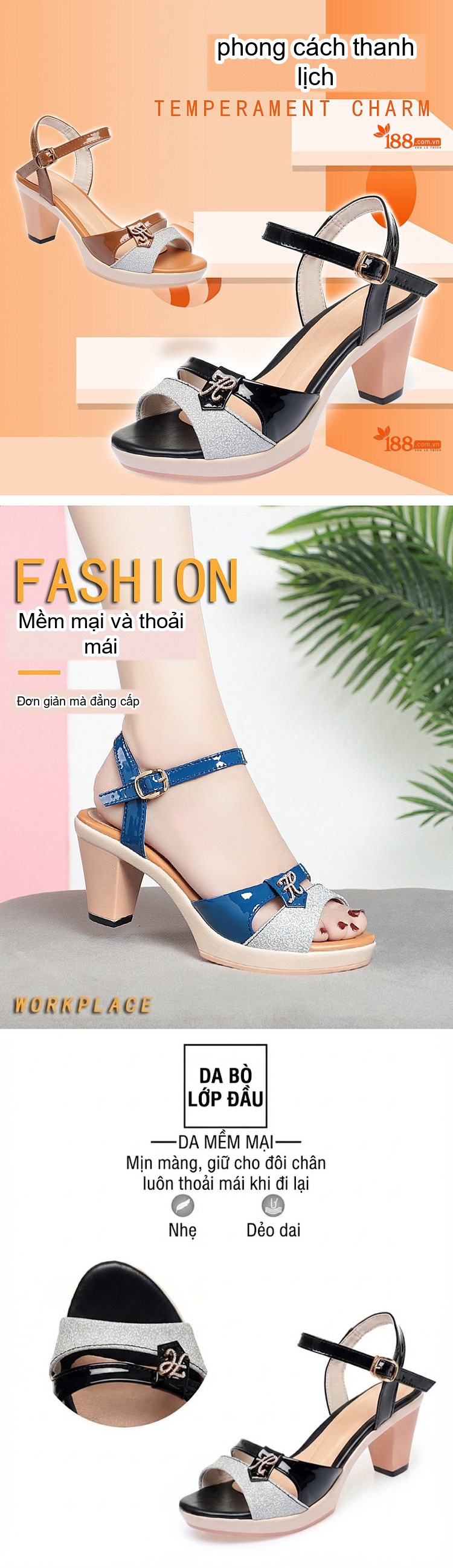 Giày Sandal Cao Gót Nữ Quai Hậu Da Bóng Gót Cao 8cm Màu Xanh Dương, Đen, Nâu, Cam chi tiết 1