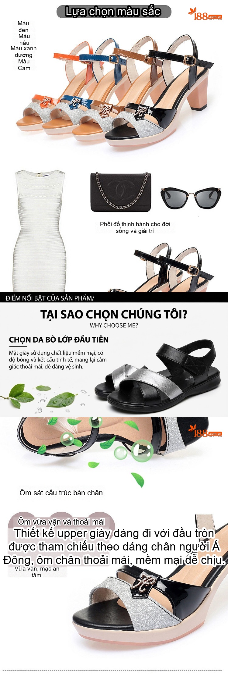 Giày Sandal Cao Gót Nữ Quai Hậu Da Bóng Gót Cao 8cm Màu Xanh Dương, Đen, Nâu, Cam chi tiết 2