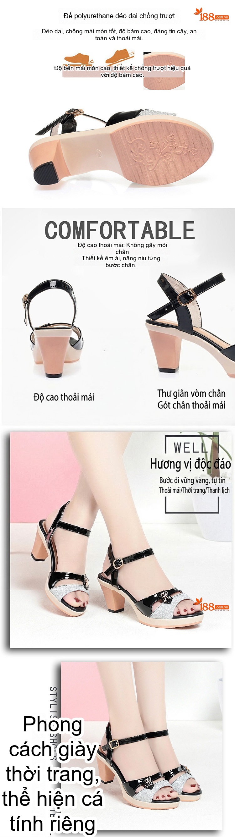 Giày Sandal Cao Gót Nữ Quai Hậu Da Bóng Gót Cao 8cm Màu Xanh Dương, Đen, Nâu, Cam chi tiết 3