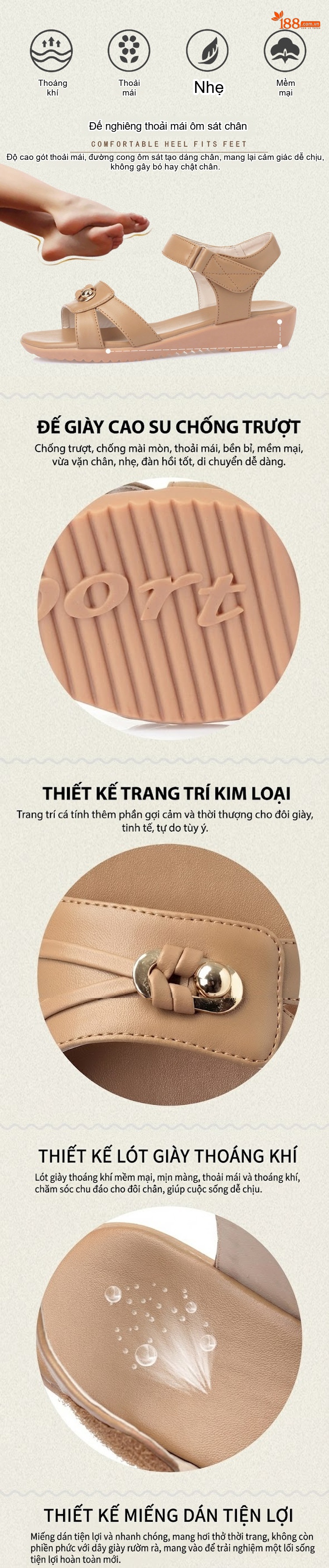Dép Sandal Nữ Quai Ngang Mềm Mại Đế Cao 3cm - 4cm Màu Be, Nâu, Đen chi tiết 1