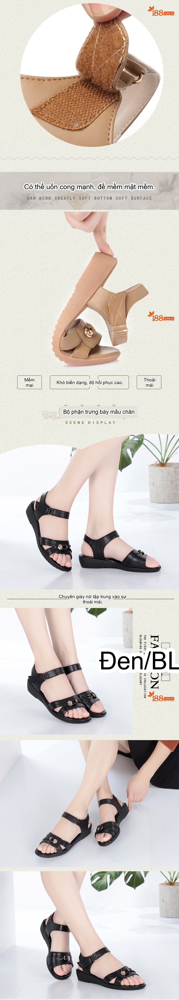 Dép Sandal Nữ Quai Ngang Mềm Mại Đế Cao 3cm - 4cm Màu Be, Nâu, Đen chi tiết 2