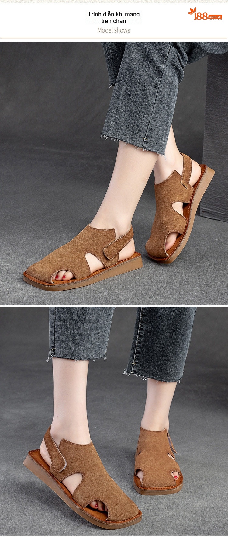 Dép Sandal Nữ Da Mờ Quai Dán Hở Ngón Đế Bệt Thoáng Khí Đế Cao 3cm - 4cm Màu Kem, Nâu, Vàng chi tiết 8