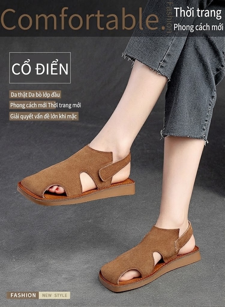Dép Sandal Nữ Da Mờ Quai Dán Hở Ngón Đế Bệt Thoáng Khí Đế Cao 3cm - 4cm Màu Kem, Nâu, Vàng chi tiết 2