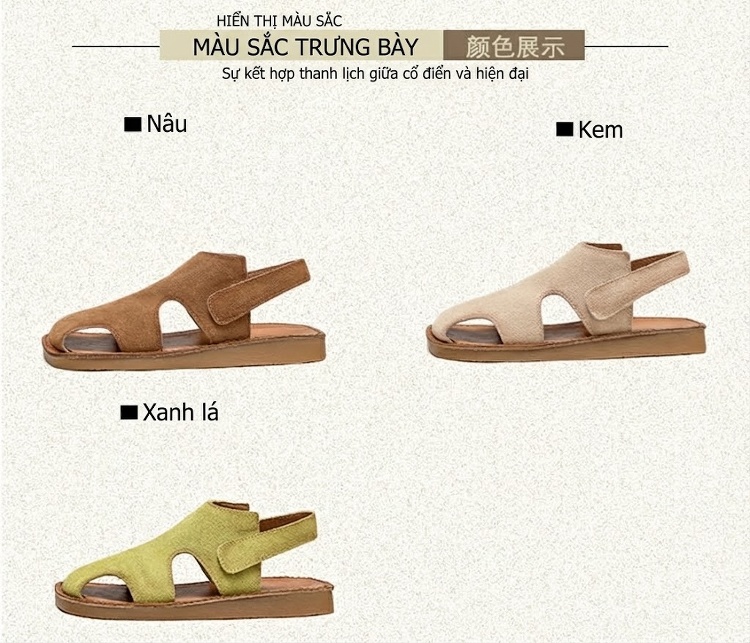 Dép Sandal Nữ Da Mờ Quai Dán Hở Ngón Đế Bệt Thoáng Khí Đế Cao 3cm - 4cm Màu Kem, Nâu, Vàng chi tiết 3
