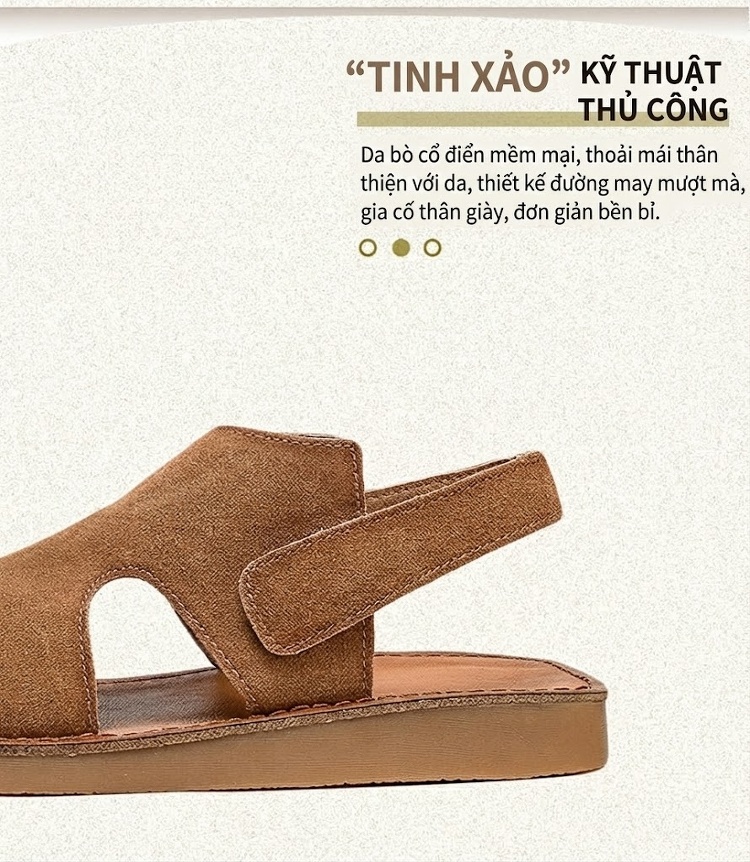 Dép Sandal Nữ Da Mờ Quai Dán Hở Ngón Đế Bệt Thoáng Khí Đế Cao 3cm - 4cm Màu Kem, Nâu, Vàng chi tiết 4