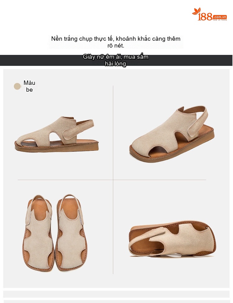 Dép Sandal Nữ Da Mờ Quai Dán Hở Ngón Đế Bệt Thoáng Khí Đế Cao 3cm - 4cm Màu Kem, Nâu, Vàng chi tiết 15