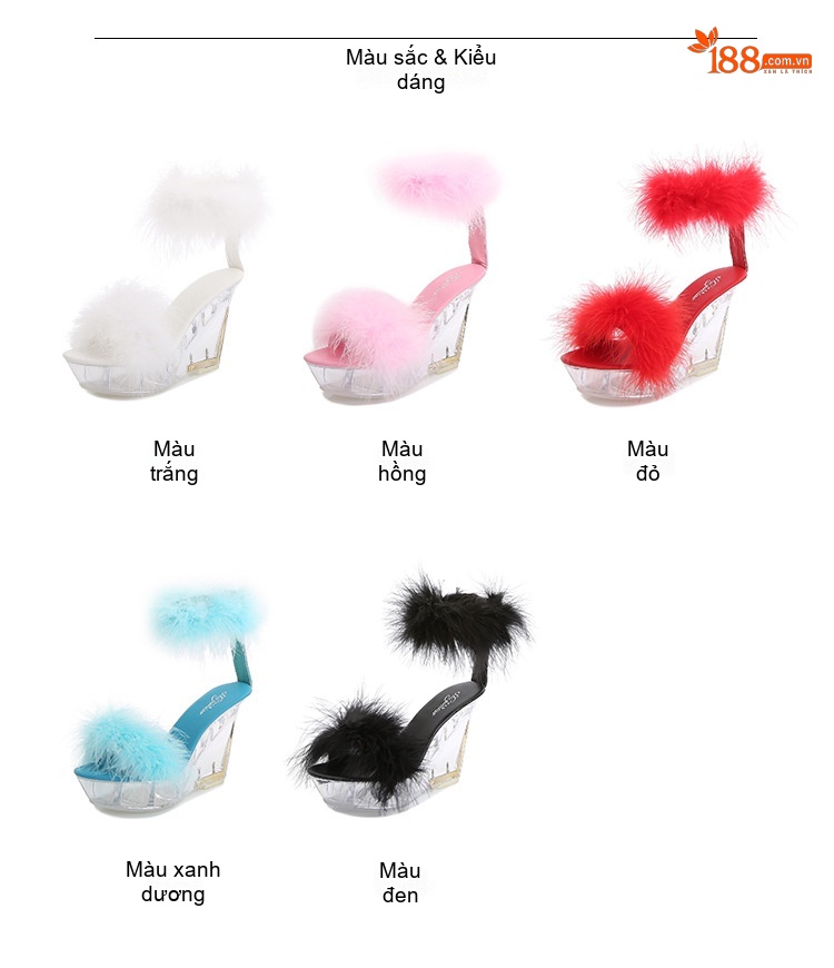 Giày Sandal Cao Gót Nữ Quai Ngang Đính Lông Gót Cao 10cm Màu Đen, Đỏ, Trắng, Hồng... chi tiết 2